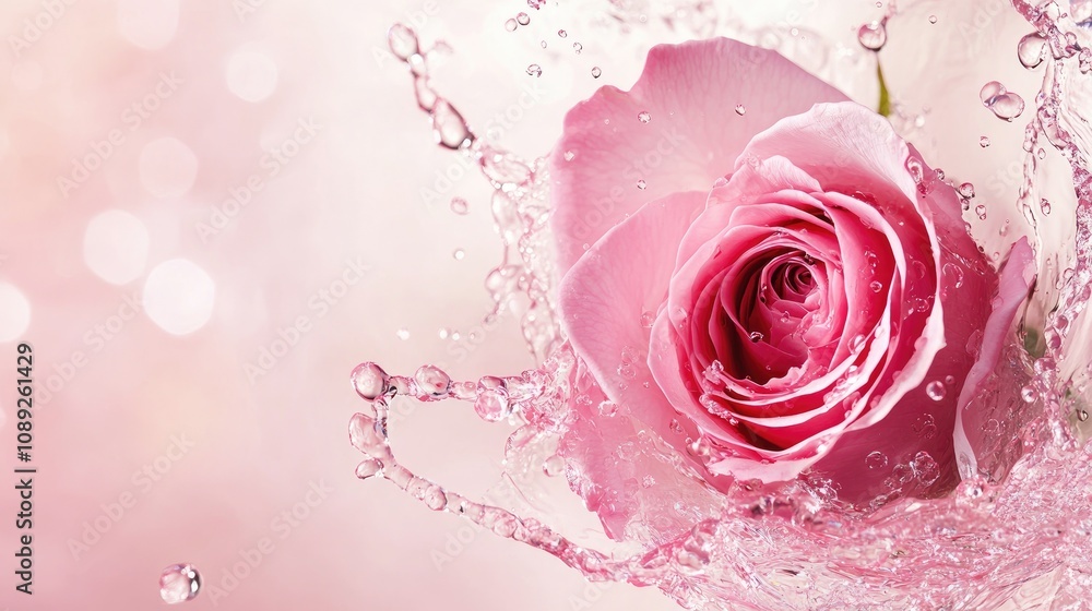 Elegant pink rose surrounded by a sparkling champagne splash on a soft pink background, perfect for festive occasions and vibrant web banners. Elegant pink rose surrounded by a sparkling champagne splash on a soft pink background, perfect for festive occasions and vibrant web banners.