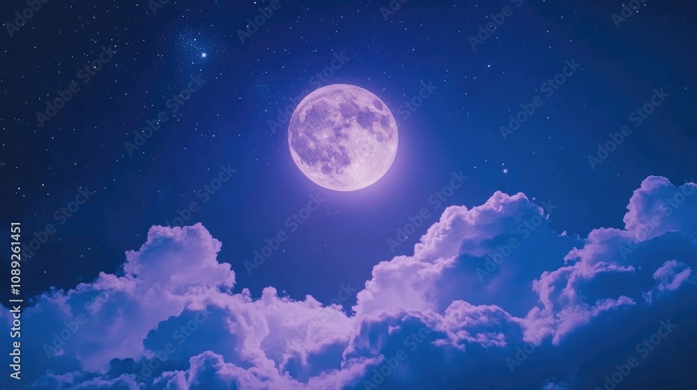Full moon casting a soft glow on wispy clouds under a starry night sky, creating a serene celestial atmosphere with deep blue hues.