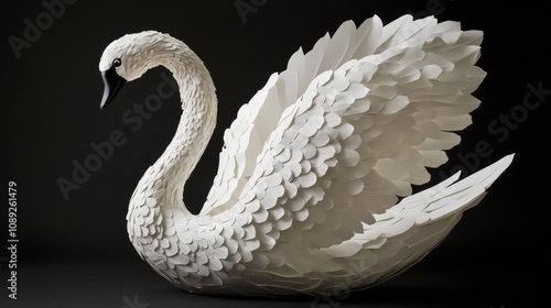 Elegant paper origami swan displaying detailed wings and graceful curves, showcasing exceptional craftsmanship and creativity in design. photo