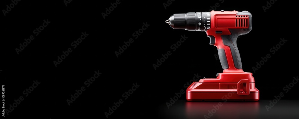 A sleek, modern cordless drill with a red and black design, set against a dark background, showcasing its sturdy build and ergonomic handle. A sleek, modern cordless drill with a red and black design, set against a dark background, showcasing its sturdy build and ergonomic handle.