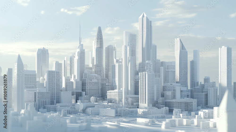 Modern skyline featuring towering skyscrapers under a bright sky in an urban setting Modern skyline featuring towering skyscrapers under a bright sky in an urban setting