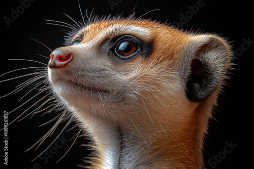 A stunning close-up of a meerkat showcasing its curious gaze and intricate fur details. Perfect for wall art, prints, or unique merchandise that celebrates nature’s charm. photo