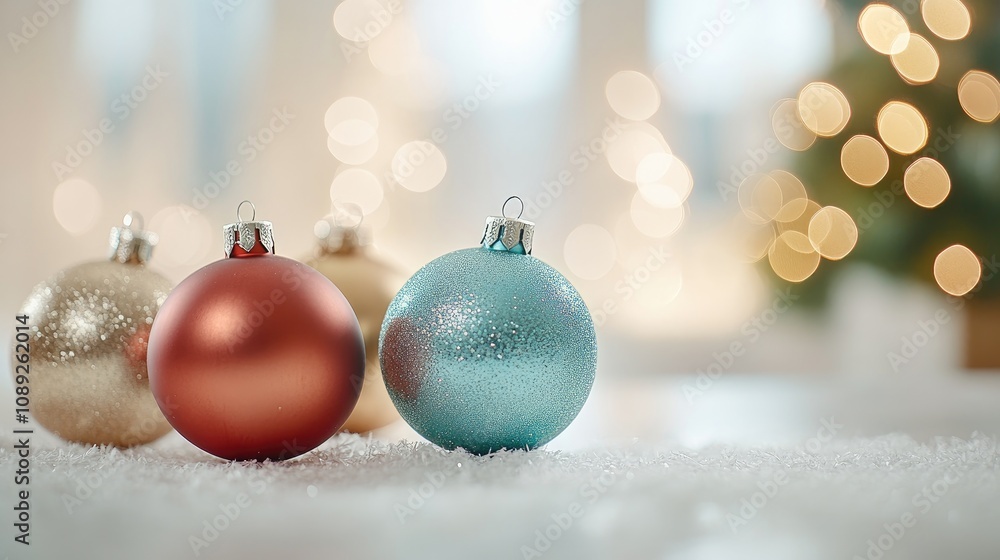 Vibrant Christmas ornaments displayed on a snowy surface, featuring gold, red, and teal decorative balls, creating a cheerful holiday ambiance. Vibrant Christmas ornaments displayed on a snowy surface, featuring gold, red, and teal decorative balls, creating a cheerful holiday ambiance.