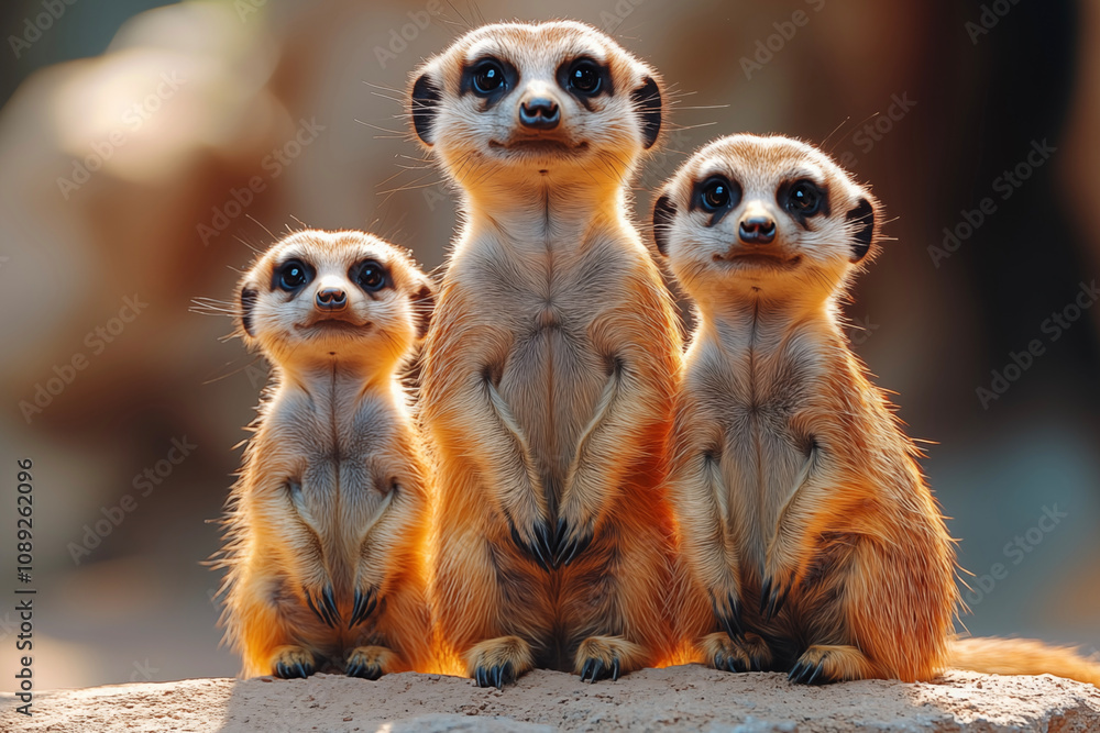 Fototapeta premium A stunning close-up of a meerkat showcasing its curious gaze and intricate fur details. Perfect for wall art, prints, or unique merchandise that celebrates nature’s charm.