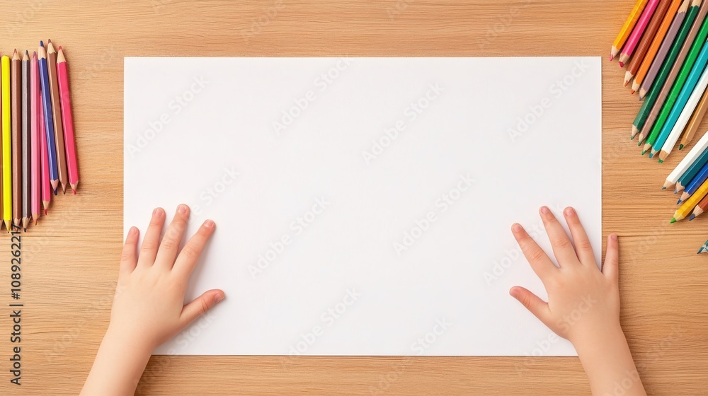 A child's hands rest on a blank sheet of paper, surrounded by colorful crayons, inviting creativity and artistic expression. A child's hands rest on a blank sheet of paper, surrounded by colorful crayons, inviting creativity and artistic expression.