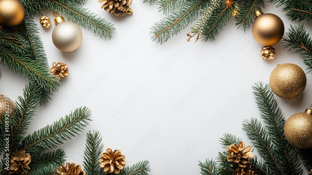 Christmas themed frame with festive tree branches and golden ornaments on a white background, top view design perfect for a holiday banner or greeting card. Christmas themed frame with festive tree branches and golden ornaments on a white background, top view design perfect for a holiday banner or greeting card.