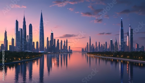 Sunset skyline reflection urban cityscape digital artwork serene water wide angle urban aesthetics for modern living