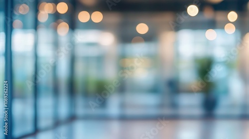 Blurred glass facade of a modern office building featuring soft bokeh lights and a serene ambiance, emphasizing a contemporary architectural design.