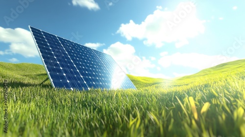 A solar panel stands in a vibrant green field under a sunny sky, symbolizing renewable energy and environmental sustainability in a serene landscape. photo