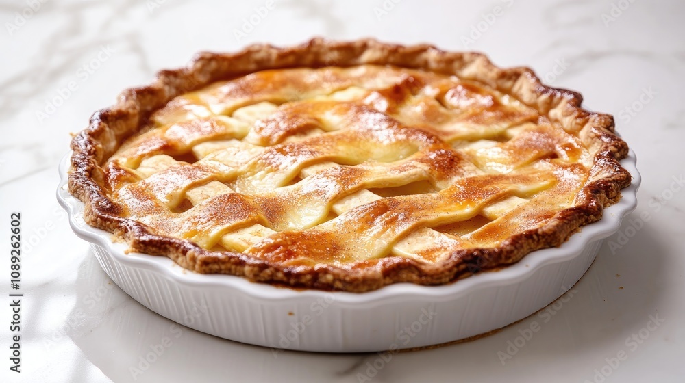 Freshly baked apple and cinnamon pie with a golden crust, displayed on a marble table, featuring a clean background for text placement. Freshly baked apple and cinnamon pie with a golden crust, displayed on a marble table, featuring a clean background for text placement.