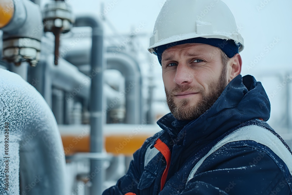 Male Worker in Dark Blue Builder’s Jacket and Hard Hat in Winter Industry – Construction, Cold Weather Work, and Safety Gear Male Worker in Dark Blue Builder’s Jacket and Hard Hat in Winter Industry – Construction, Cold Weather Work, and Safety Gear
