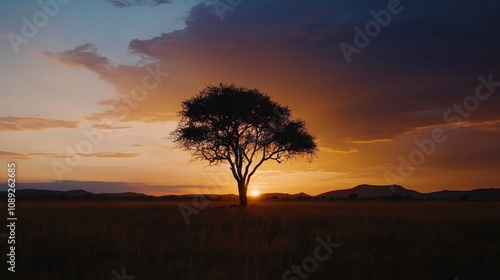 A solitary tree in silhouette illuminated by a vibrant sunset, creating a breathtaking savanna landscape with rolling hills in the background.