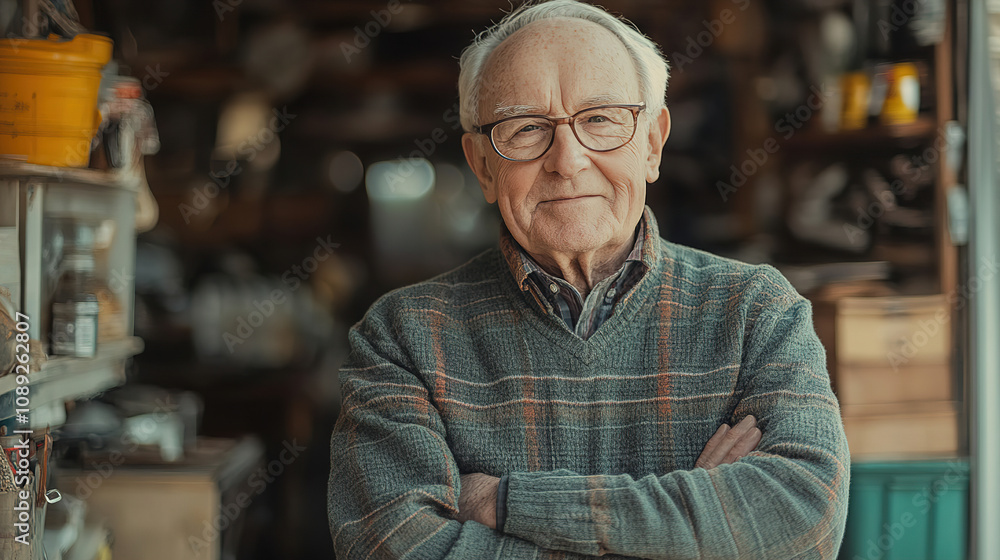 Elderly man in a cozy workshop with a warm smile and crossed arms showing confidence and wisdom. Generative AI Elderly man in a cozy workshop with a warm smile and crossed arms showing confidence and wisdom. Generative AI