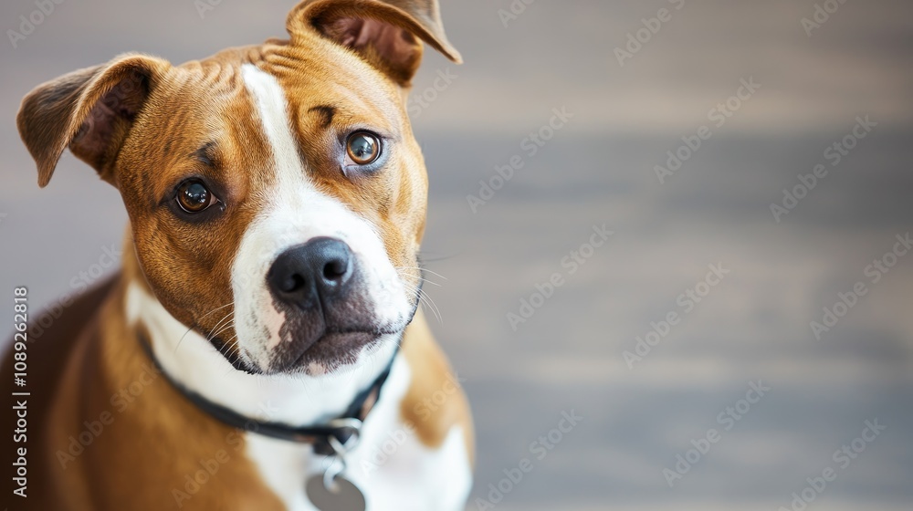 Close-up of a concerned Staffordshire Terrier at a veterinary clinic, sitting on an examination table with a gentle expression and worried eyes. Close-up of a concerned Staffordshire Terrier at a veterinary clinic, sitting on an examination table with a gentle expression and worried eyes.