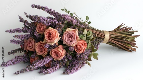 Fototapeta Naklejka Na Ścianę i Meble -  A beautiful bouquet showcasing fresh roses in soft pinks, lilac flowers, and lush lavender, perfect for weddings and special celebrations.