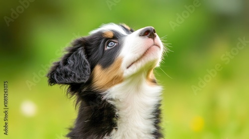 Adorable border collie puppy with striking blue eyes looking up in a lush green field, embodying curiosity and the spirit of outdoor exploration.