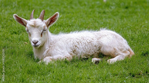 Adorable young goat peacefully resting on a vibrant green field, showcasing its soft white fur and playful demeanor.