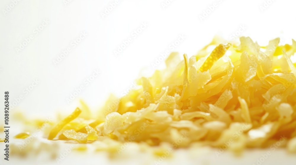 Chopped lemon zest piled on a clean white surface, showcasing bright yellow shreds with a soft, blurred background for an appealing culinary display. Chopped lemon zest piled on a clean white surface, showcasing bright yellow shreds with a soft, blurred background for an appealing culinary display.