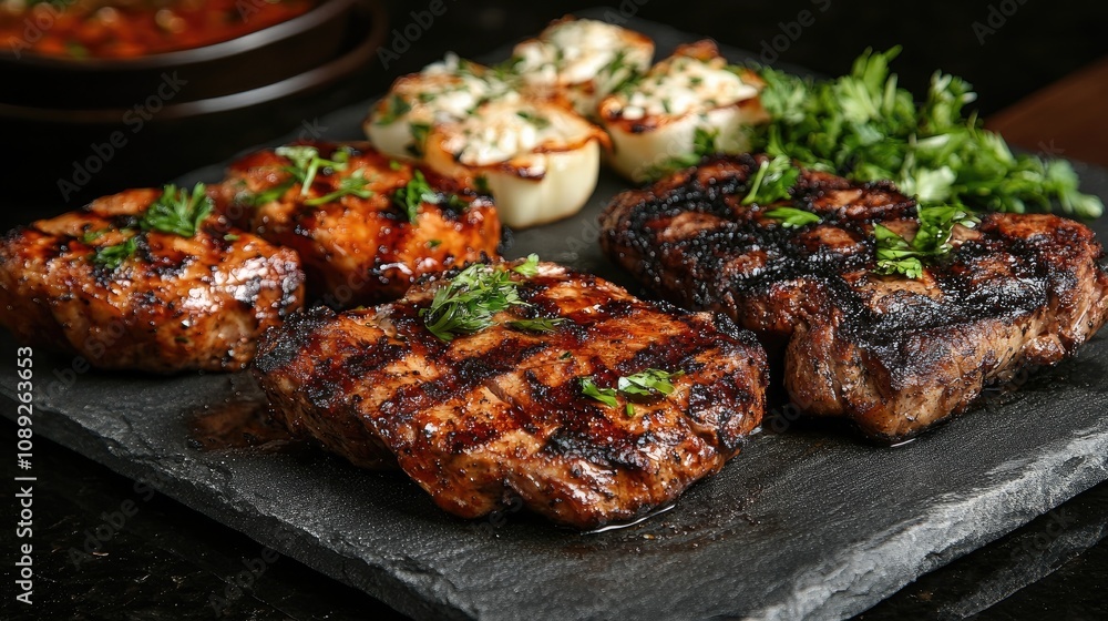 Assorted grilled meats including chicken, pork, and beef, artfully arranged on a slate plate, garnished with fresh herbs for an appetizing presentation. Assorted grilled meats including chicken, pork, and beef, artfully arranged on a slate plate, garnished with fresh herbs for an appetizing presentation.