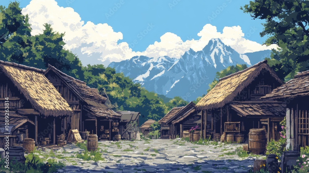 Pixel art of a small anime village with thatched roofs, a marketplace, and mountains in the background. Pixel art of a small anime village with thatched roofs, a marketplace, and mountains in the background.