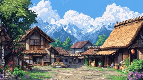 Pixel art of a small anime village with thatched roofs, a marketplace, and mountains in the background.