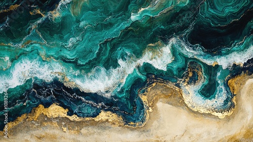 Aerial view of vibrant aquamarine and malachite waters meeting a sandy shore, highlighting rich green tones and dynamic wave patterns. photo