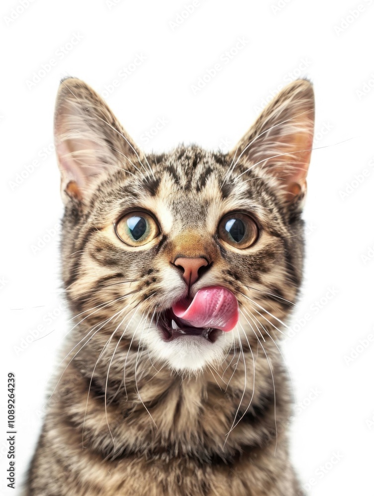 Curious brown gray tabby kitty joyfully licking a shiny screen in a bright indoor environment Curious brown gray tabby kitty joyfully licking a shiny screen in a bright indoor environment