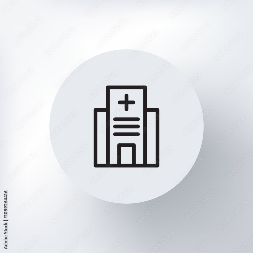 Linear hospital building icon with a medical cross in a circle on a light gray background, minimalist style. Linear hospital building icon with a medical cross in a circle on a light gray background, minimalist style.
