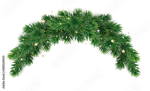 Christmas tree decoration. Holiday fir tree garland, festive Christmas divider. Winter season frame, realistic spruce branch with golden confetti. Transparent background in vector file.