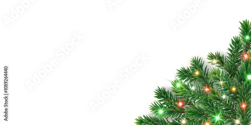 Christmas tree decoration. Holiday fir tree garland, festive corner. Winter season frame, realistic spruce branch with colorful red and green Christmas lights. Transparent background in vector file.