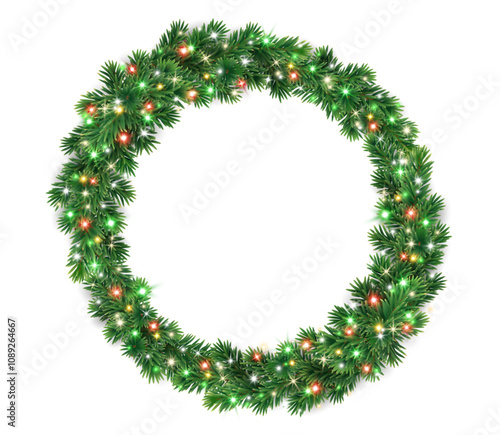 Christmas wreath with colorful red and green Christmas lights. Christmas tree decoration. Holiday fir tree garland. Festive winter season frame, spruce branches. Transparent background in vector file.