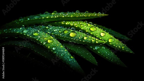 Close-up of lush green aloe vera leaves glistening with water droplets, beautifully highlighted against a contrasting dark background.