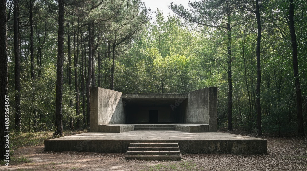 Mysterious concrete military structure set within a lush forest, featuring a wide entrance and surrounded by towering trees and tranquil greenery. Mysterious concrete military structure set within a lush forest, featuring a wide entrance and surrounded by towering trees and tranquil greenery.