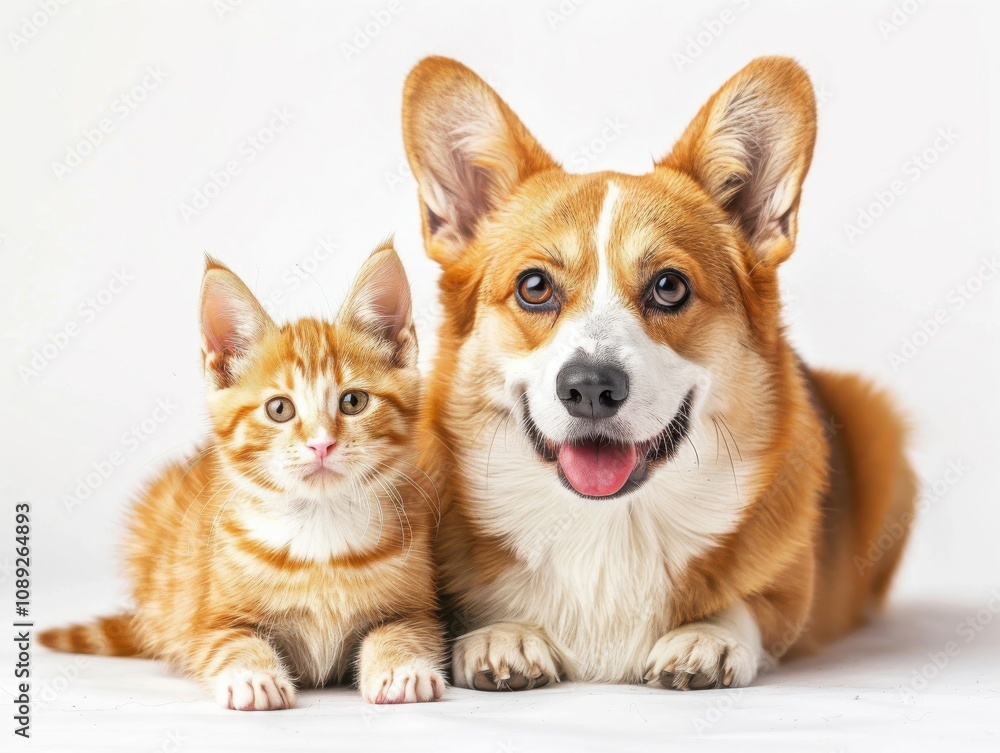 A cute and funny corgi smiles beside a playful orange cat in a bright, cheerful setting A cute and funny corgi smiles beside a playful orange cat in a bright, cheerful setting