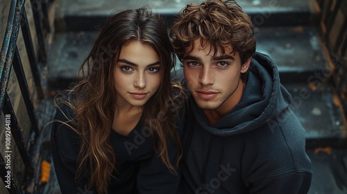 a man and a woman sitting close to each other on a set of stairs. They are wearing black hooded sweatshirts.