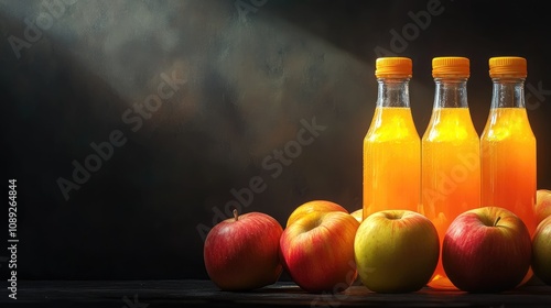 Five bottles of vibrant apple juice positioned beside fresh red and green apples against a dark background, creating an inviting scene for beverage advertising. photo