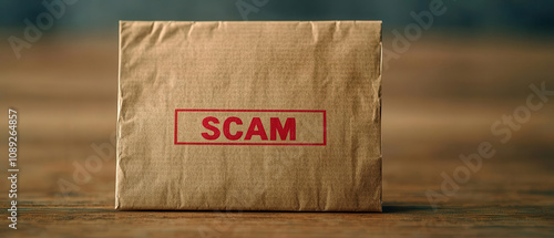 Closeup of a fake charity flyer with  Scam  stamped across it, warning against fraud, realistic detail