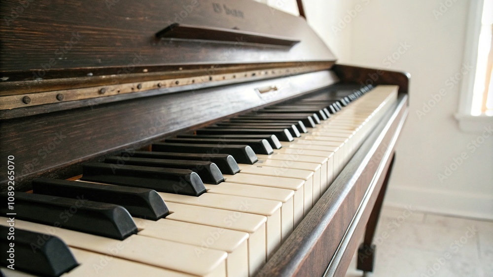 Dark polished piano keyboard with ivory keys against a soft white background, fragment of a case, ivories, luxury furniture, decorative item Dark polished piano keyboard with ivory keys against a soft white background, fragment of a case, ivories, luxury furniture, decorative item