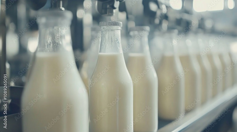 Bottled milk lined up on a dairy production line emphasizing the manufacturing process in the food industry with clear glass containers. Bottled milk lined up on a dairy production line emphasizing the manufacturing process in the food industry with clear glass containers.