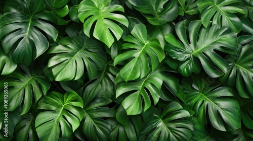 Close-up of vibrant tropical foliage featuring lush green leaves with rich textures and varied shades, showcasing nature's beauty in detail.