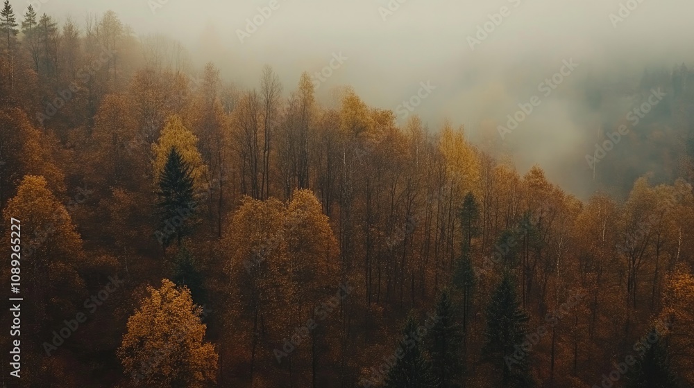 Aerial view showcasing a vibrant autumn tree line with various shades of orange and yellow amidst a misty, fog-covered landscape. Aerial view showcasing a vibrant autumn tree line with various shades of orange and yellow amidst a misty, fog-covered landscape.