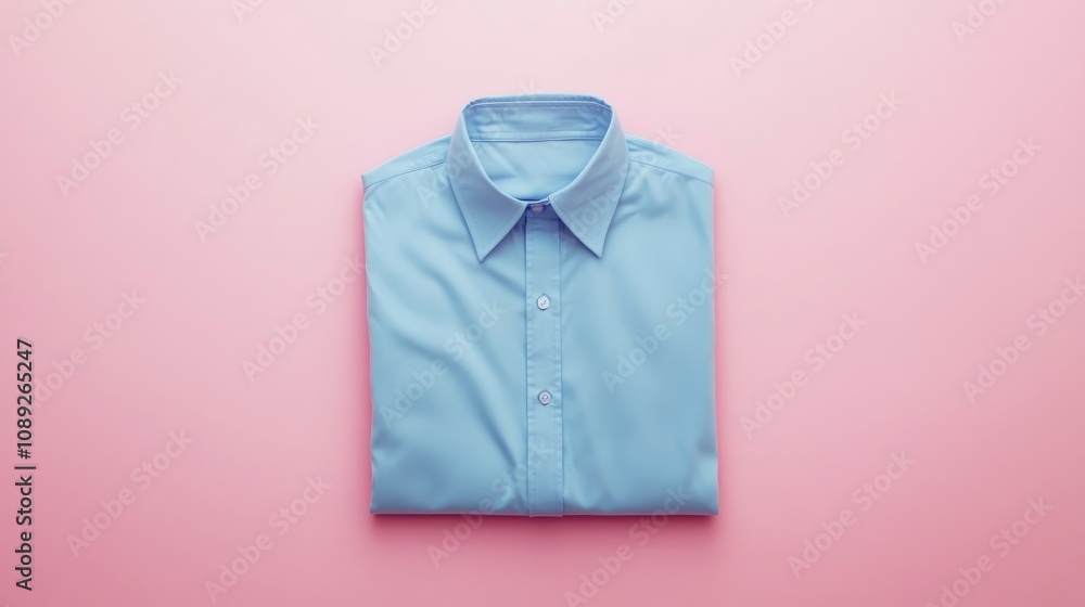 Folded light blue dress shirt neatly arranged on a soft pink background, showcasing its crisp collar and button details.