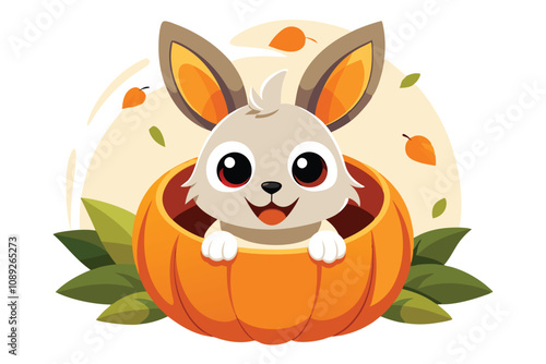 Cute rabbit peeking out of a pumpkin, with a Halloween theme G.eps