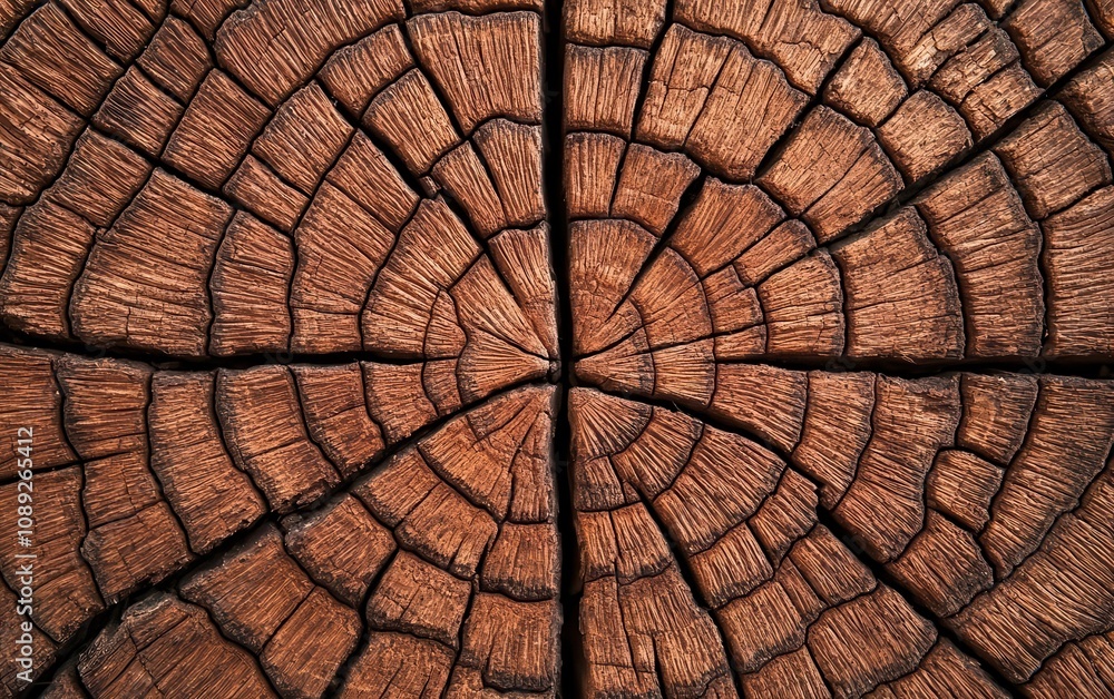 Fototapeta premium Closeup of rough tree bark with visible growth rings, symbolizing age and organic texture, rich and earthy