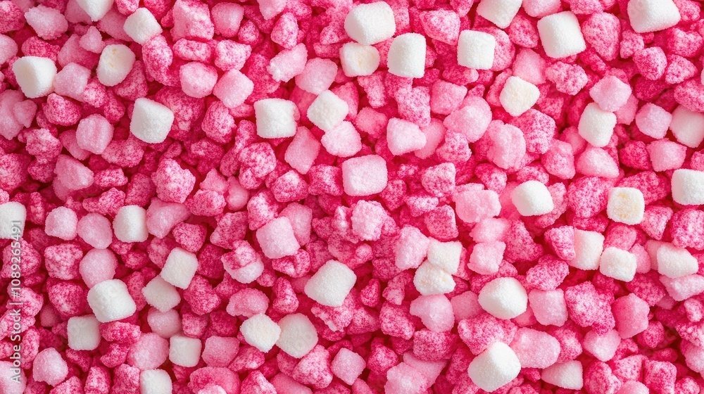 Close-up view of an assortment of pink and white mini marshmallows highlighting their colorful, sweet, and playful texture, ideal for culinary creations. Close-up view of an assortment of pink and white mini marshmallows highlighting their colorful, sweet, and playful texture, ideal for culinary creations.