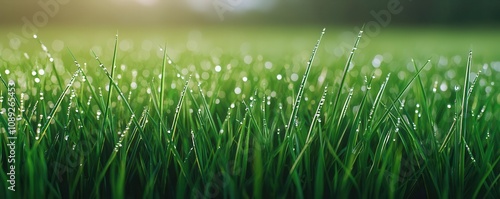 Panel kuchenny z motywem Dewdrops glistening on grass blades in morning sunlight, rich greens and sparkling water details