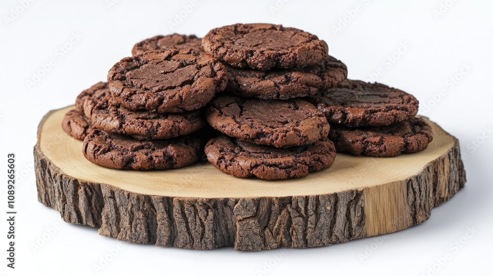Decadent chocolate cookies stacked on a rustic wooden slab, showcasing rich textures and a glossy finish, perfect for dessert lovers. Decadent chocolate cookies stacked on a rustic wooden slab, showcasing rich textures and a glossy finish, perfect for dessert lovers.