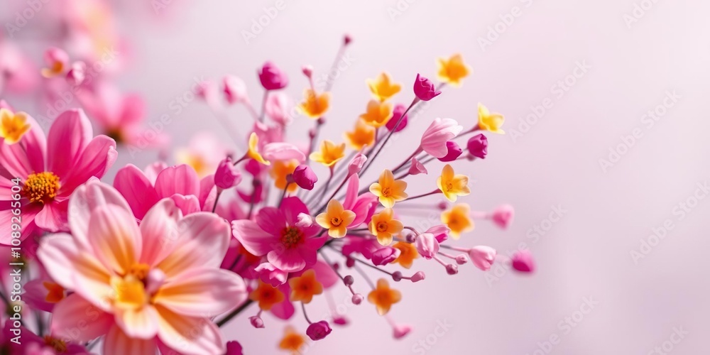Fototapeta premium Delicate petals of colorful flowers bursting into the air, blossoms, light, landscape