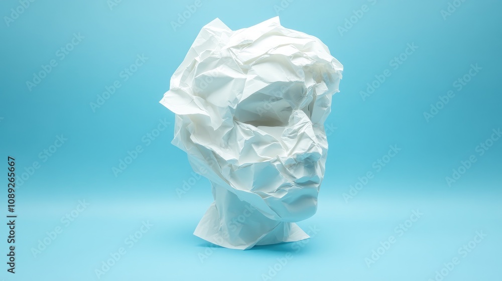 Crumpled white paper sculpture resembling a human head on a vibrant blue background, symbolizing brain disorder and mental health challenges. Crumpled white paper sculpture resembling a human head on a vibrant blue background, symbolizing brain disorder and mental health challenges.