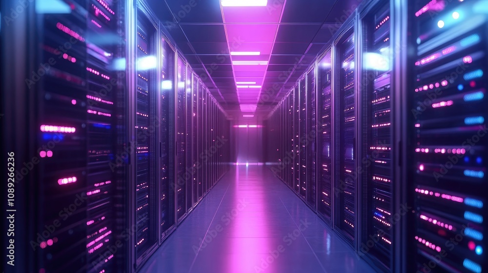Futuristic 3D visualization of a data center with illuminated server racks showcasing advanced connectivity technology in vibrant colors. Futuristic 3D visualization of a data center with illuminated server racks showcasing advanced connectivity technology in vibrant colors.